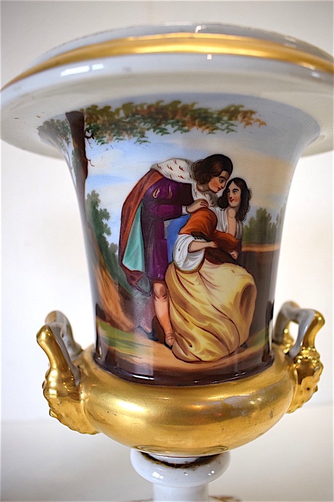 Pair Of Medici Porcelain Vase Old Paris Romantic Scene Around 1840 XIX Ref188-photo-4