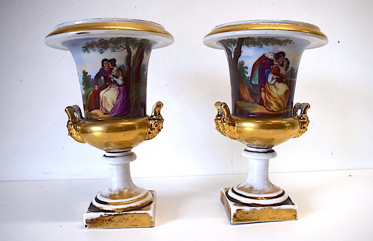 Pair Of Medici Porcelain Vase Old Paris Romantic Scene Around 1840 XIX Ref188