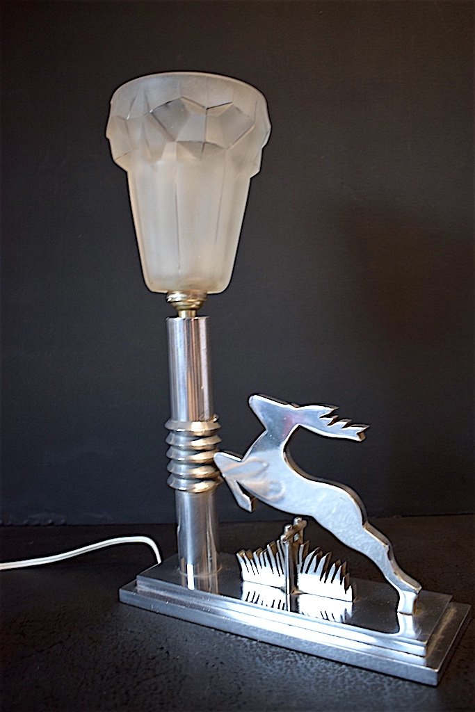 Modernist Art Deco Deer Nickel Aluminum Desk Table Lamp 1930 1940 Animalier Hunting XX Ref194-photo-1