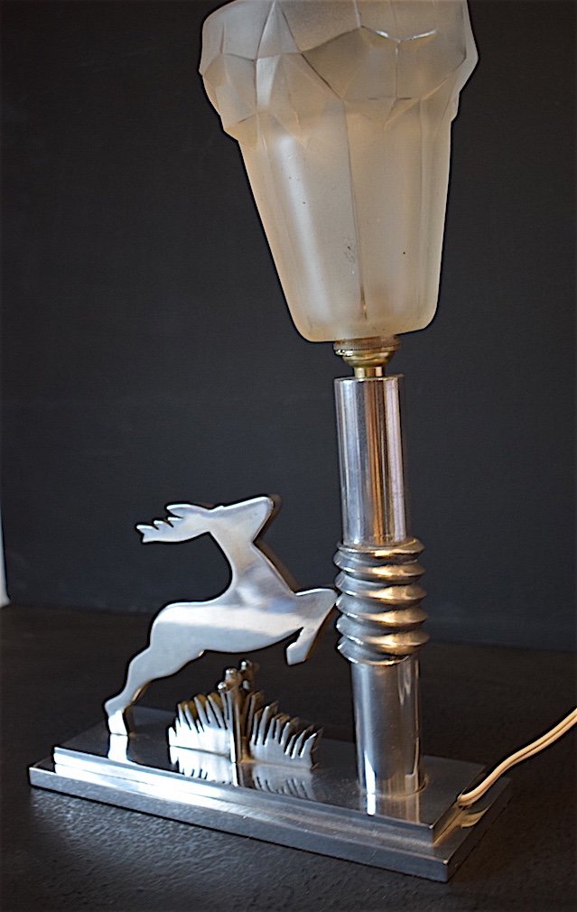 Lampe Table Bureau Moderniste Art Déco Cerf Nickel Aluminum 1930 1940 Animalier Chasse XX REF194-photo-7