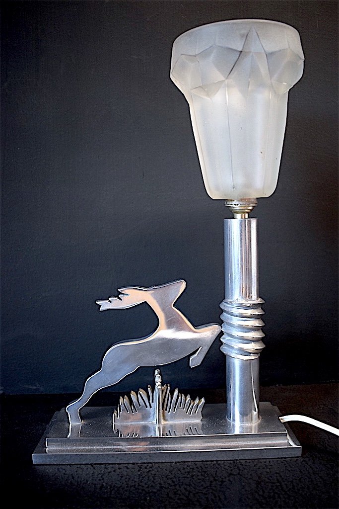 Modernist Art Deco Deer Nickel Aluminum Desk Table Lamp 1930 1940 Animalier Hunting XX Ref194