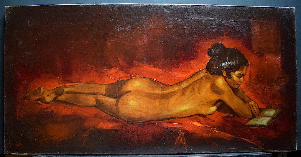 Female Nude Lying Naked Woman Reading Scene Signed Mas To Identify XX Rt384