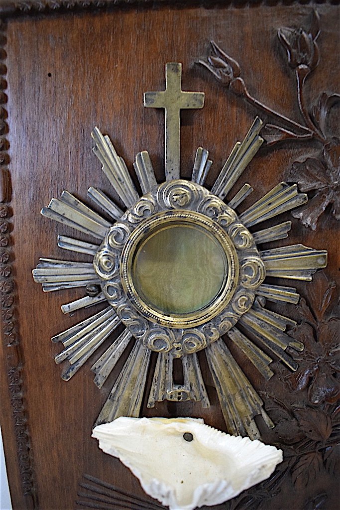 Reliquary Monstrance Holy Water Font Popular Art Carved Wood Bronze Rosary Holder XVIII XIX Ref209-photo-1