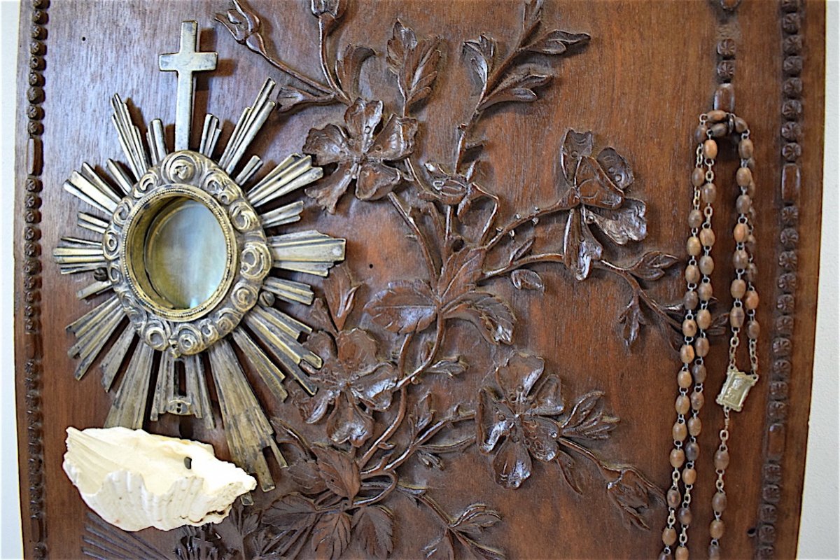 Reliquary Monstrance Holy Water Font Popular Art Carved Wood Bronze Rosary Holder XVIII XIX Ref209-photo-4