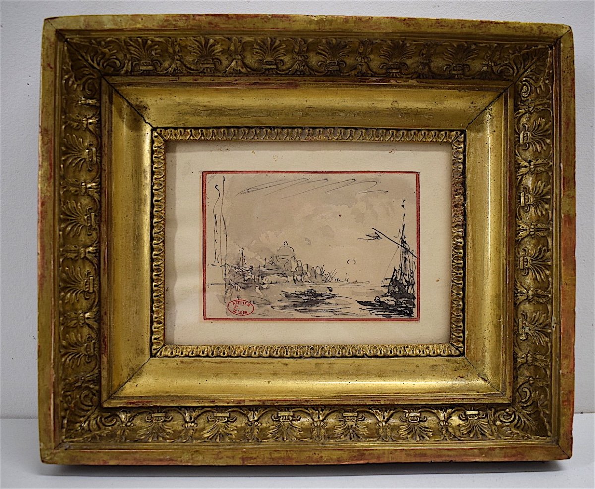 Felix Ziem 2 Views Recto Verso De Venise Marine Ink Lavis Stamp Workshop XIX Rt392