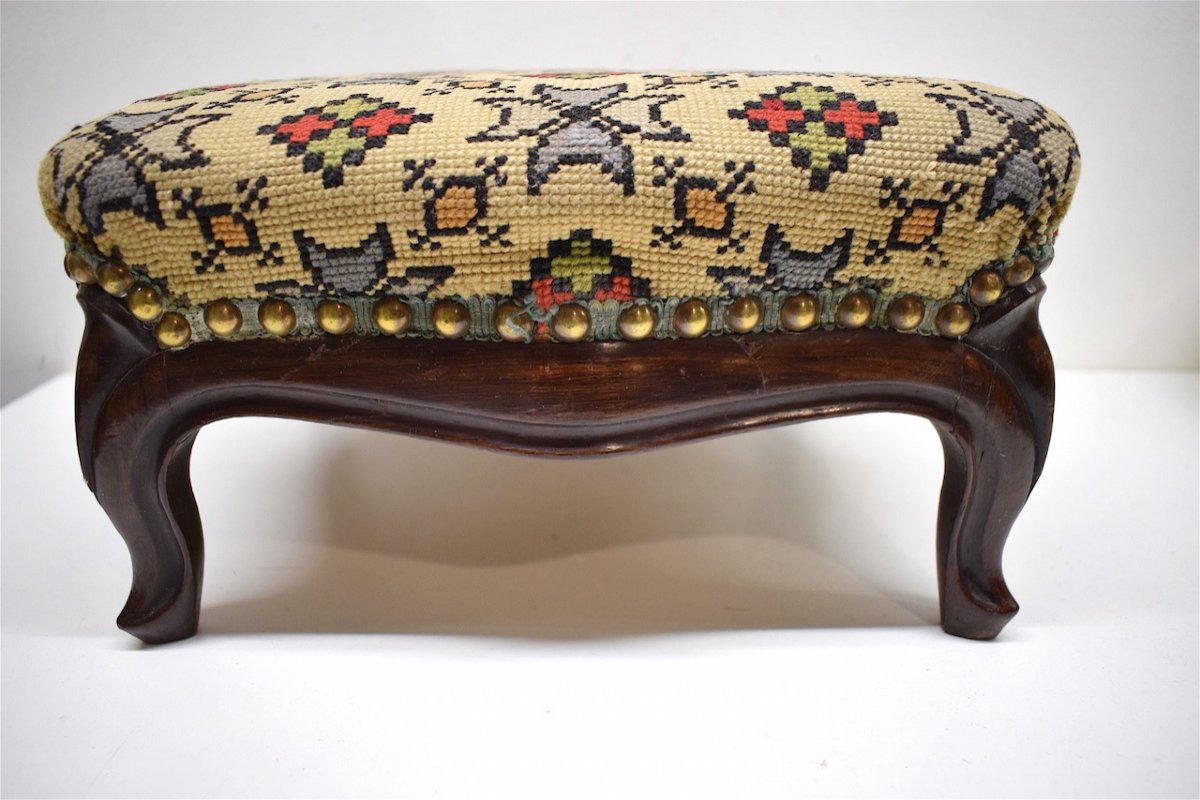XIXth Louis XV Style Footstool In Mahogany Small Points Tapestry Ref214-photo-2