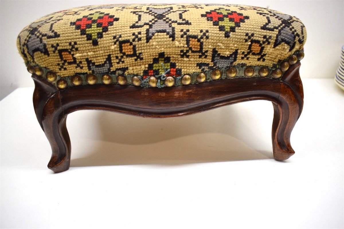 XIXth Louis XV Style Footstool In Mahogany Small Points Tapestry Ref214-photo-4