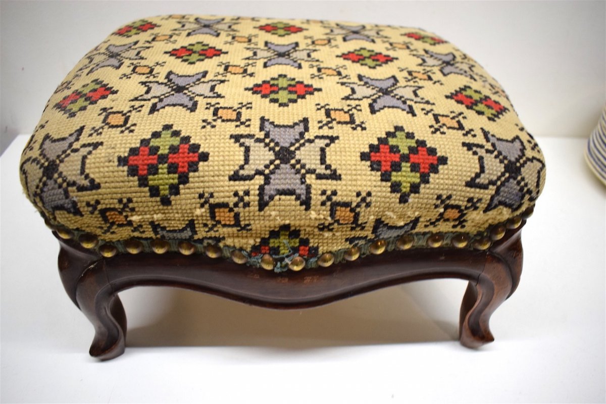 XIXth Louis XV Style Footstool In Mahogany Small Points Tapestry Ref214-photo-1