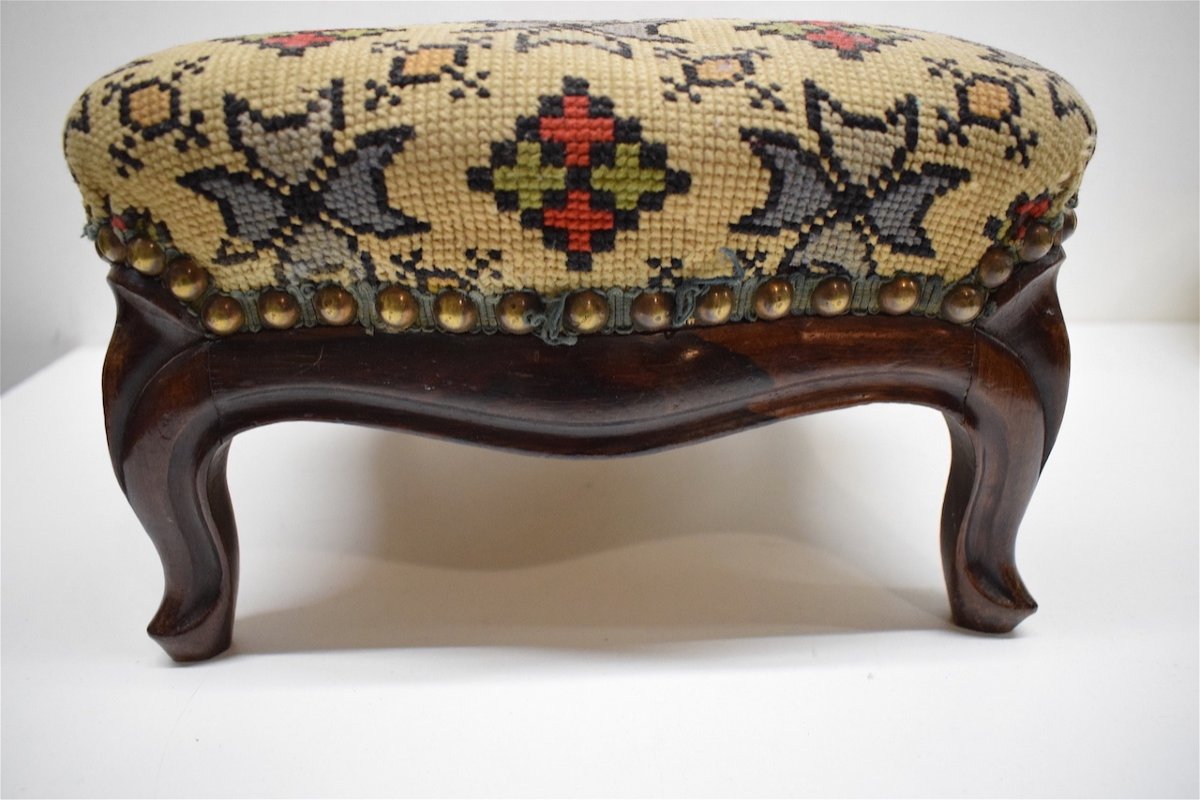 XIXth Louis XV Style Footstool In Mahogany Small Points Tapestry Ref214-photo-2