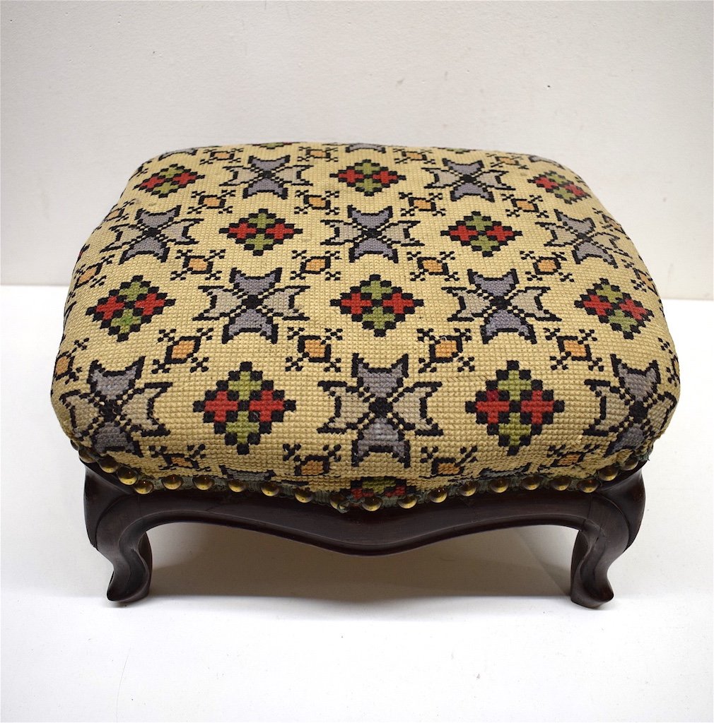 XIXth Louis XV Style Footstool In Mahogany Small Points Tapestry Ref214-photo-4
