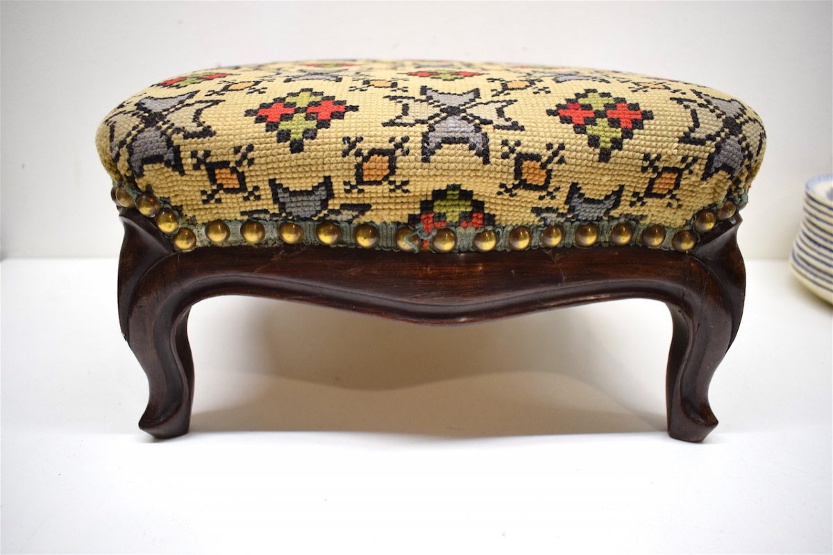 XIXth Louis XV Style Footstool In Mahogany Small Points Tapestry Ref214-photo-5