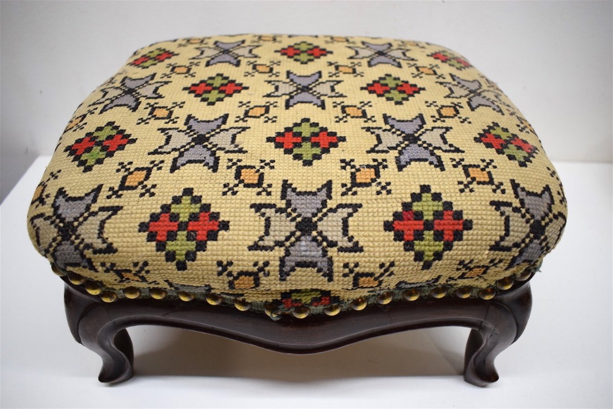 XIXth Louis XV Style Footstool In Mahogany Small Points Tapestry Ref214-photo-6