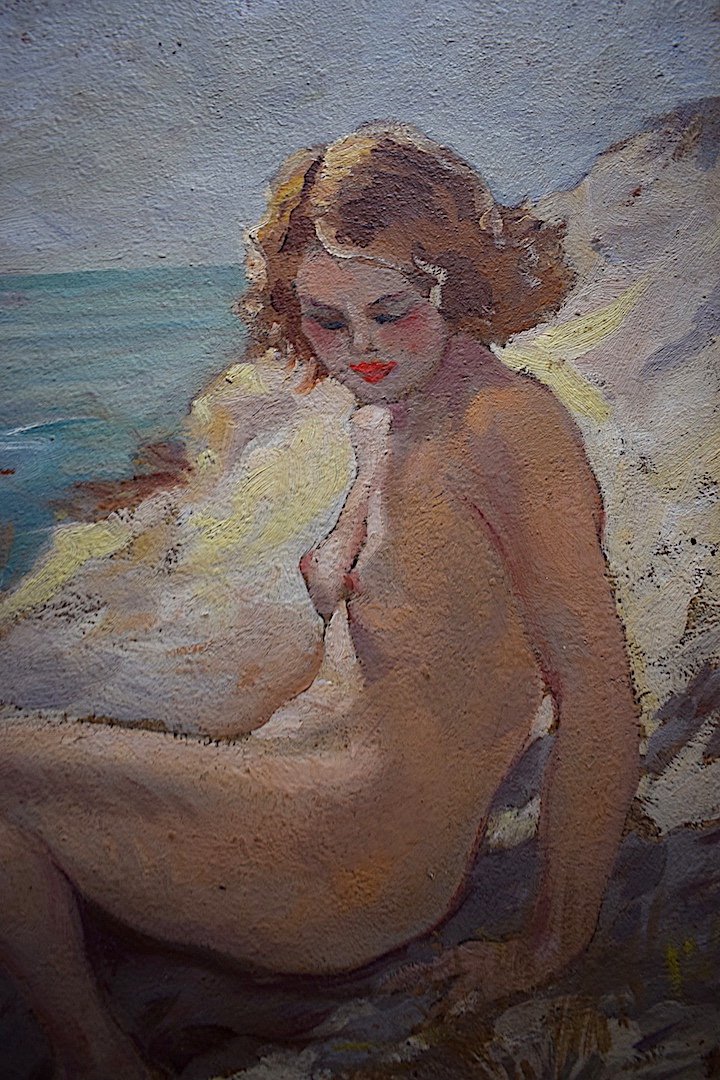 Femme Nue sur La plage Années 1940 1950 Signé à Identifier XX RT395-photo-4