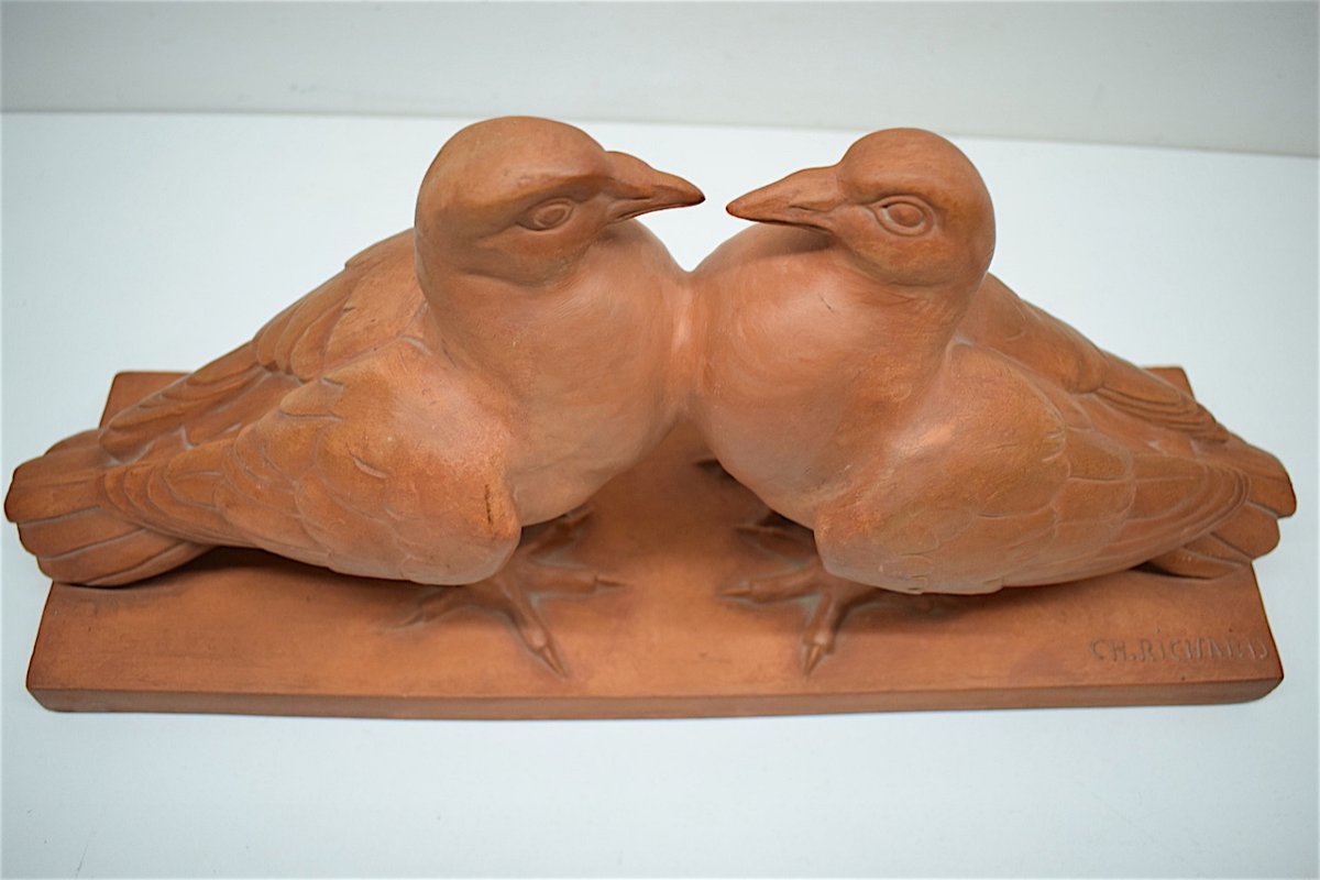 H Richard  Terre Cuite Animalière  Art Déco Couple de Pigeons Animalier XX ème REF216-photo-8