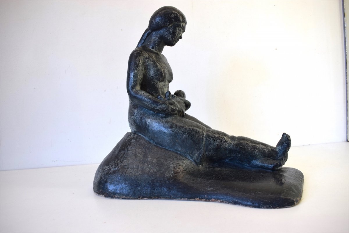 Maternity Woman And Child Terra-cotta Art Deco XX Around 1950  Ref229-photo-8