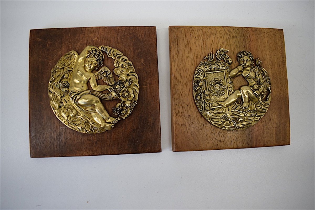 Paire Médaillon ou Porte Miniature XVIII ème  Bronze Décor Angelot et Amour Ref269-photo-2