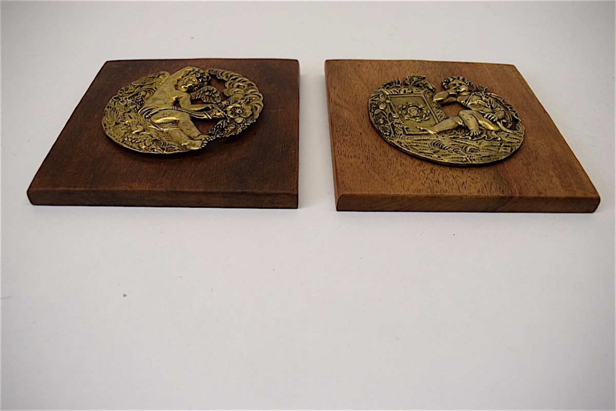 Paire Médaillon ou Porte Miniature XVIII ème  Bronze Décor Angelot et Amour Ref269-photo-1