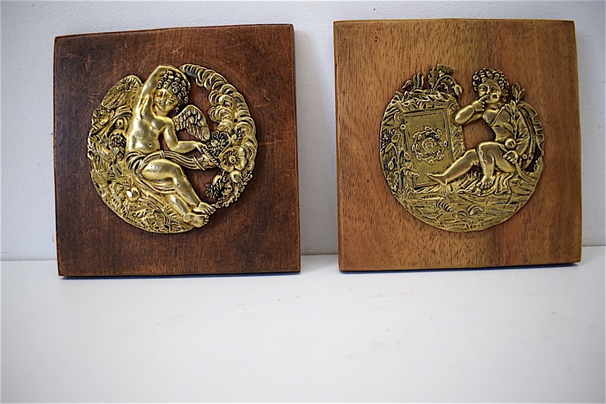 Paire Médaillon ou Porte Miniature XVIII ème  Bronze Décor Angelot et Amour Ref269-photo-2