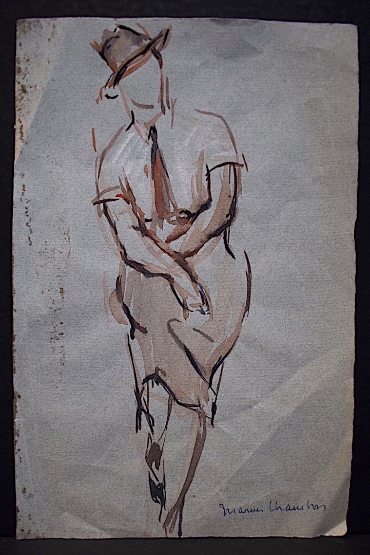 Marius Chambon Drawing Sketch Watercolor Woman Sitting In Hat XX Rt447