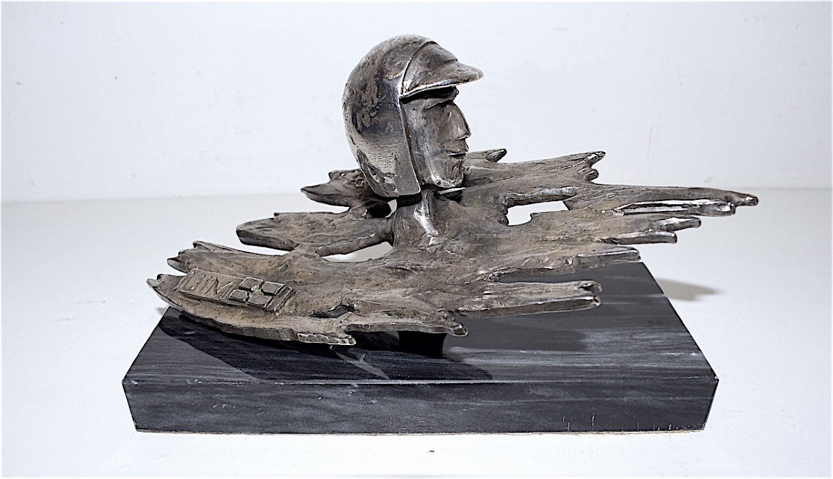 Sculpture Trophée étain Brillant Pilote Course de Hors Bord UIM Sport Motonautique 1960 Ref278-photo-2