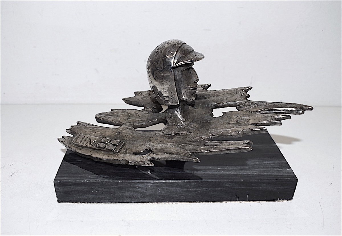 Sculpture Trophée étain Brillant Pilote Course de Hors Bord UIM Sport Motonautique 1960 Ref278-photo-6