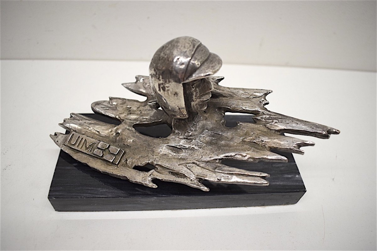 Sculpture Trophée étain Brillant Pilote Course de Hors Bord UIM Sport Motonautique 1960 Ref278-photo-7