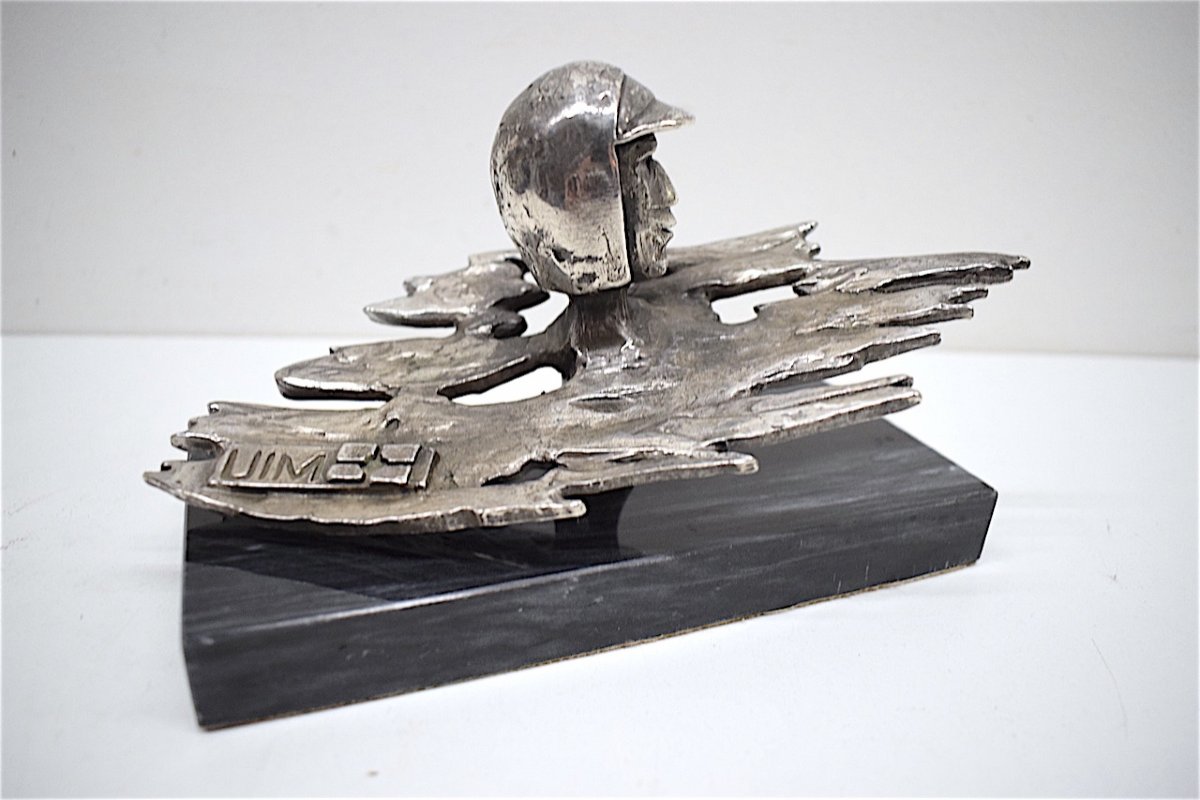 Sculpture Trophée étain Brillant Pilote Course de Hors Bord UIM Sport Motonautique 1960 Ref278-photo-8