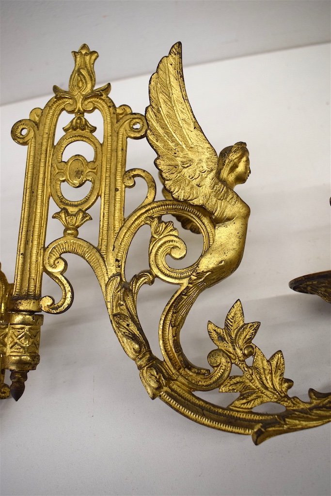 Pair Wall Sconces Caryatid Candlesticks Gilt Bronze Angels XIX Ref514-photo-2