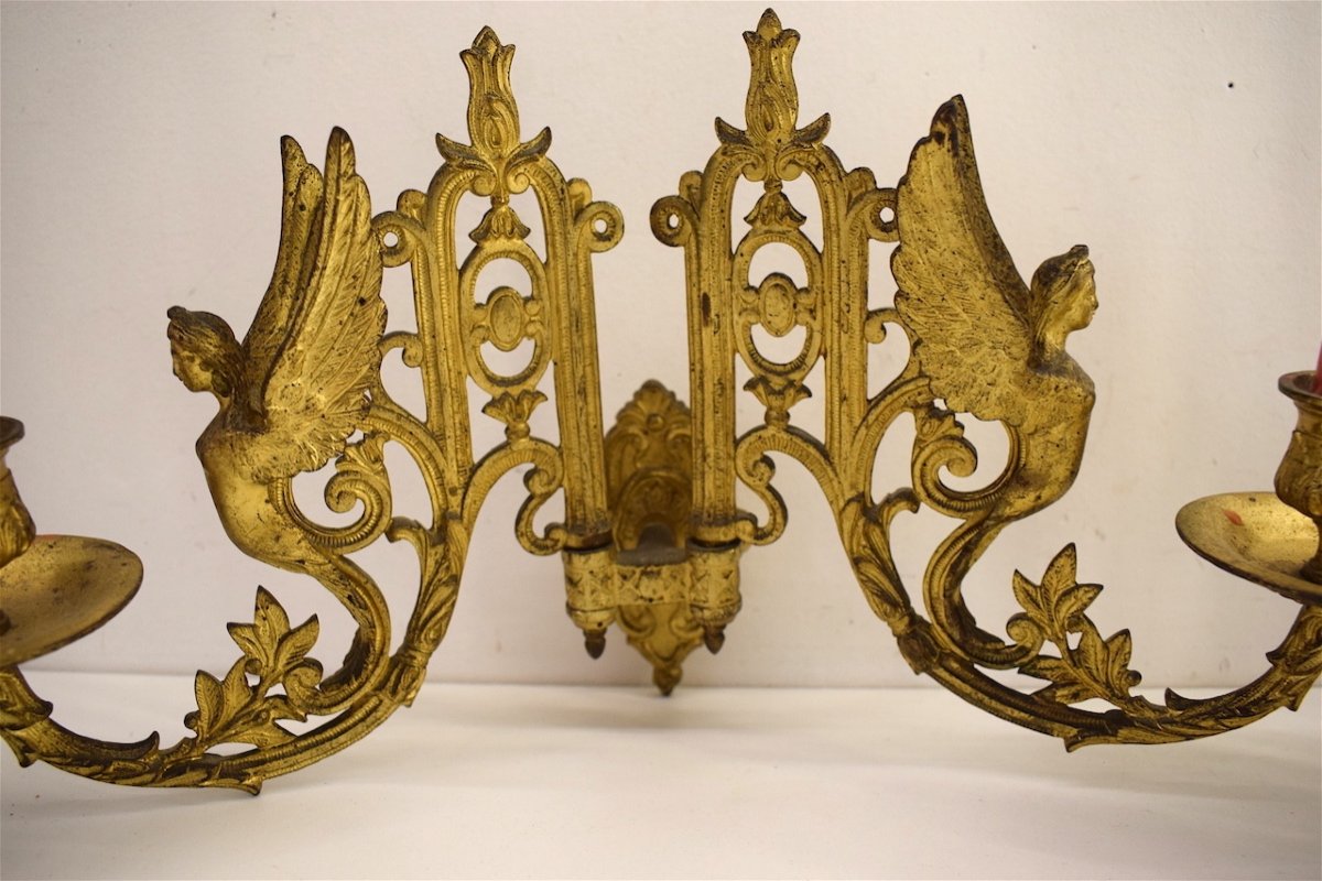 Pair Wall Sconces Caryatid Candlesticks Gilt Bronze Angels XIX Ref514-photo-3