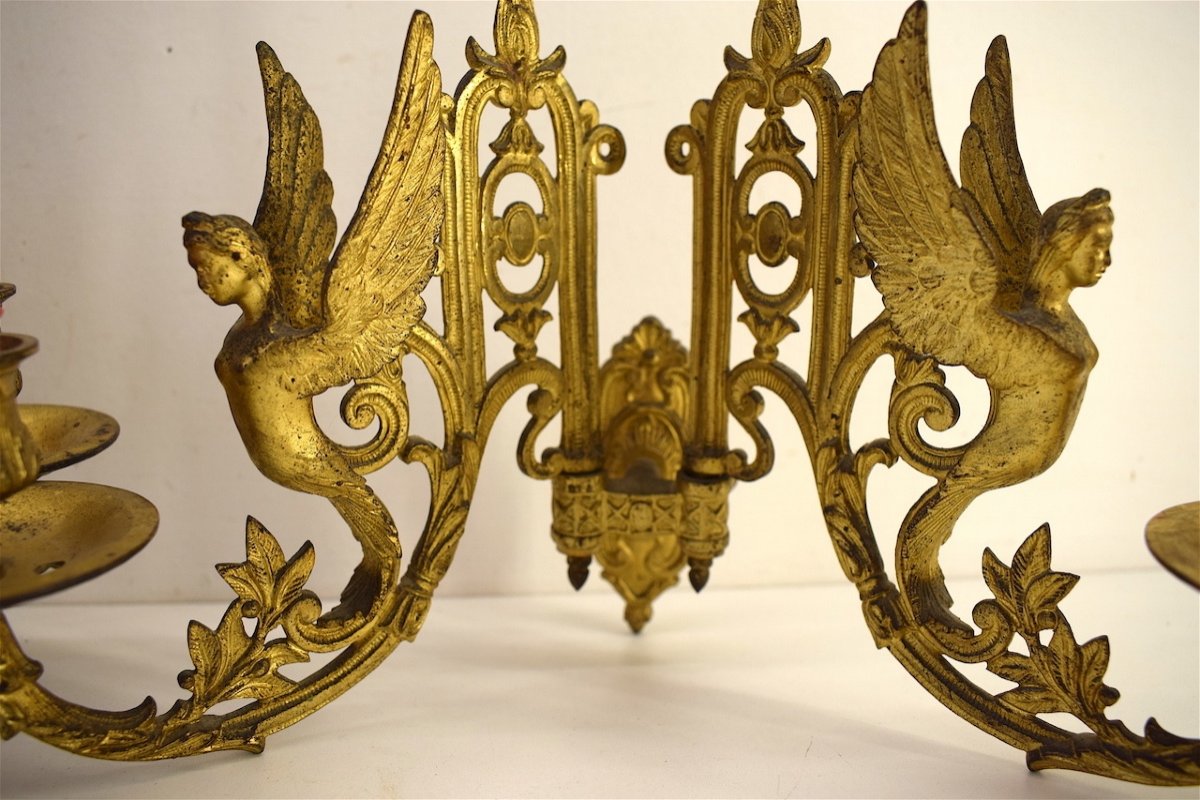 Pair Wall Sconces Caryatid Candlesticks Gilt Bronze Angels XIX Ref514-photo-5
