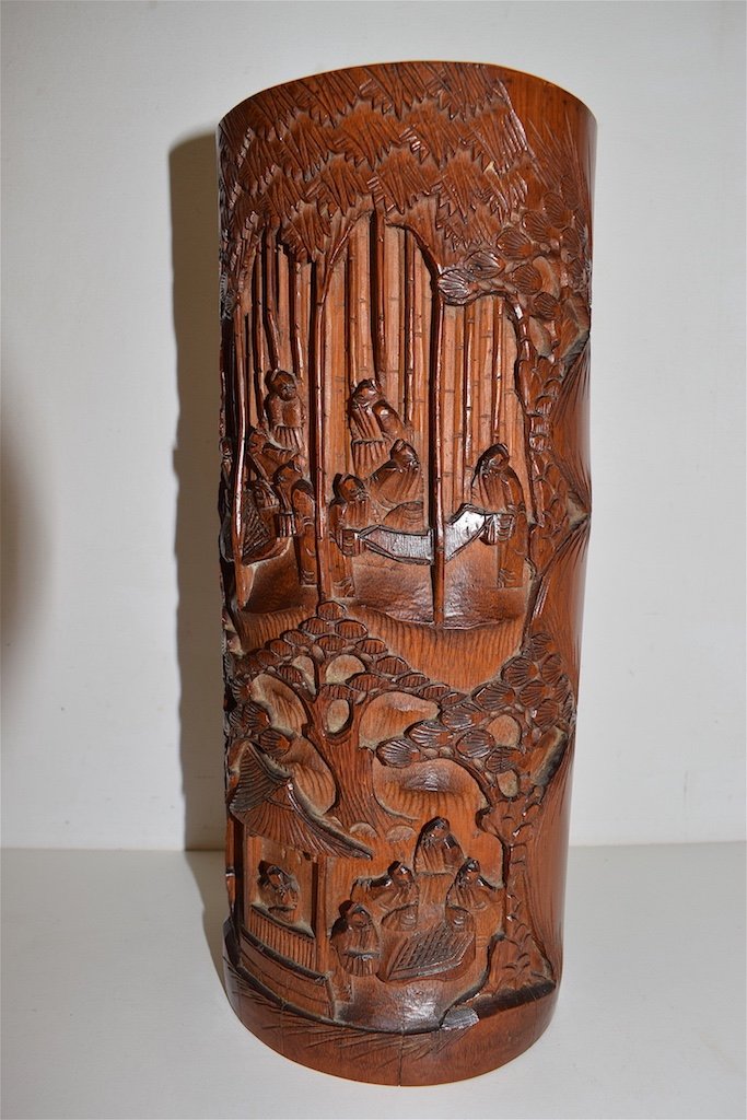 Bitong Pot à Pinceaux  Chinois Bambou Sculpté Signé  Wood Carver Chine XIX ème Ref312-photo-3