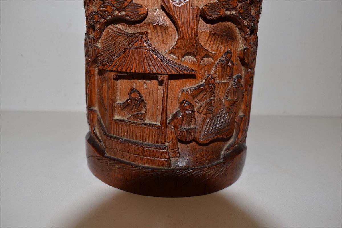 Bitong Pot à Pinceaux  Chinois Bambou Sculpté Signé  Wood Carver Chine XIX ème Ref312-photo-5