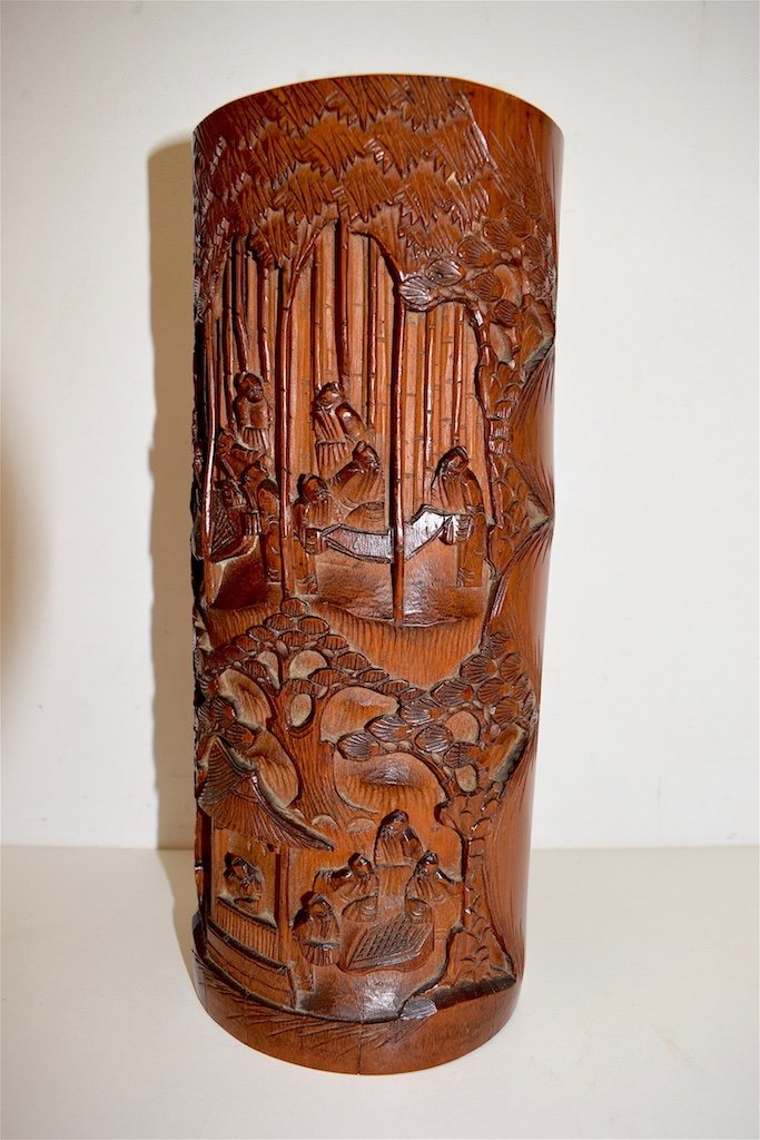 Bitong Pot à Pinceaux  Chinois Bambou Sculpté Signé  Wood Carver Chine XIX ème Ref312