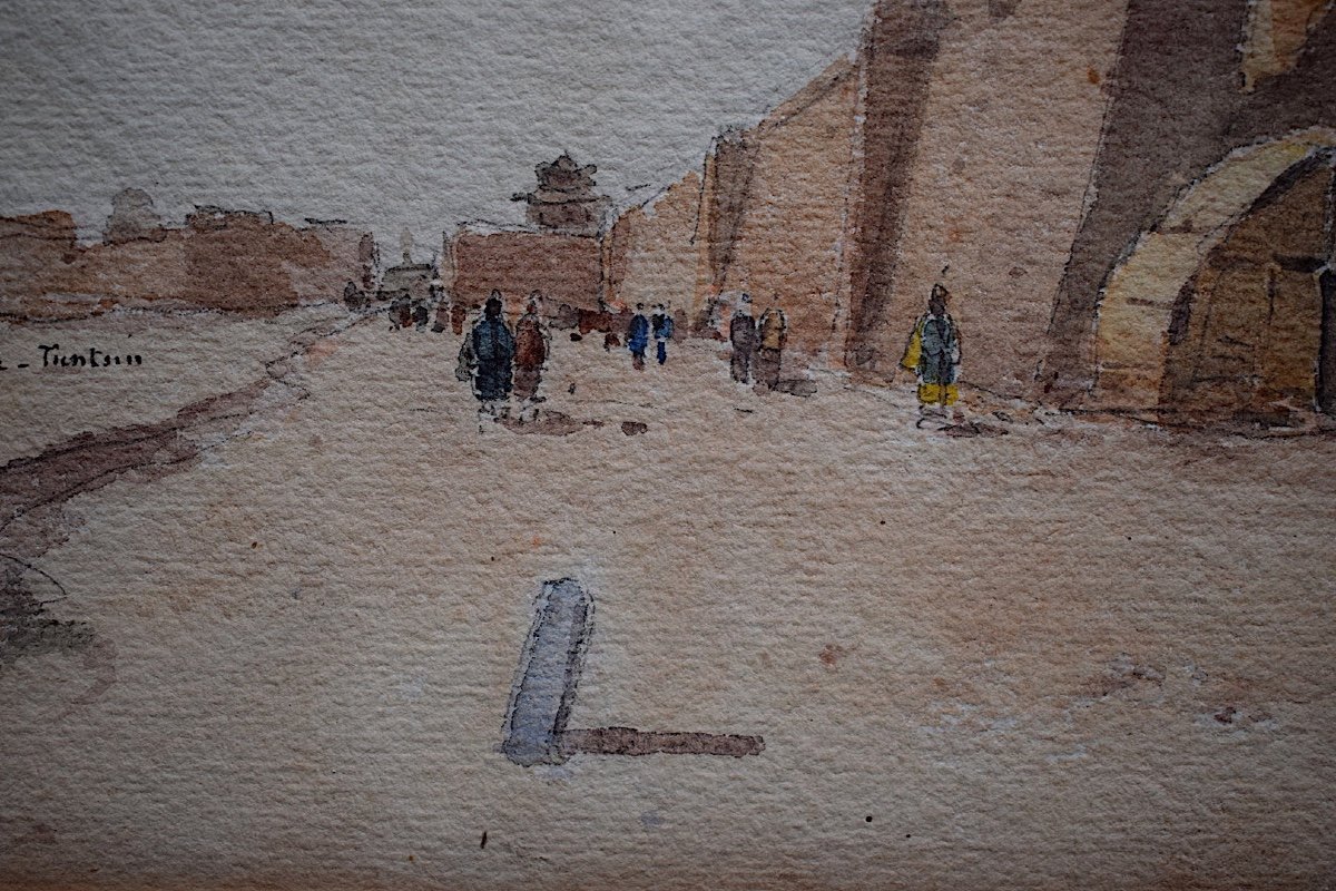 Aquarelle Chine Tour du Château de Tientsin ou Tianjin  天津 Signé à Identifier XX RT 497-photo-1