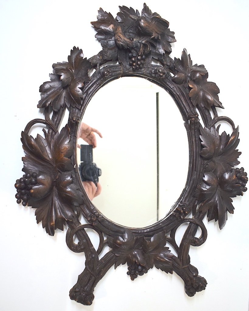 Oval Mirror Carved Wood Black Forest Decor Vine Leaves Grapes Bird XIX XX Ref338-photo-2