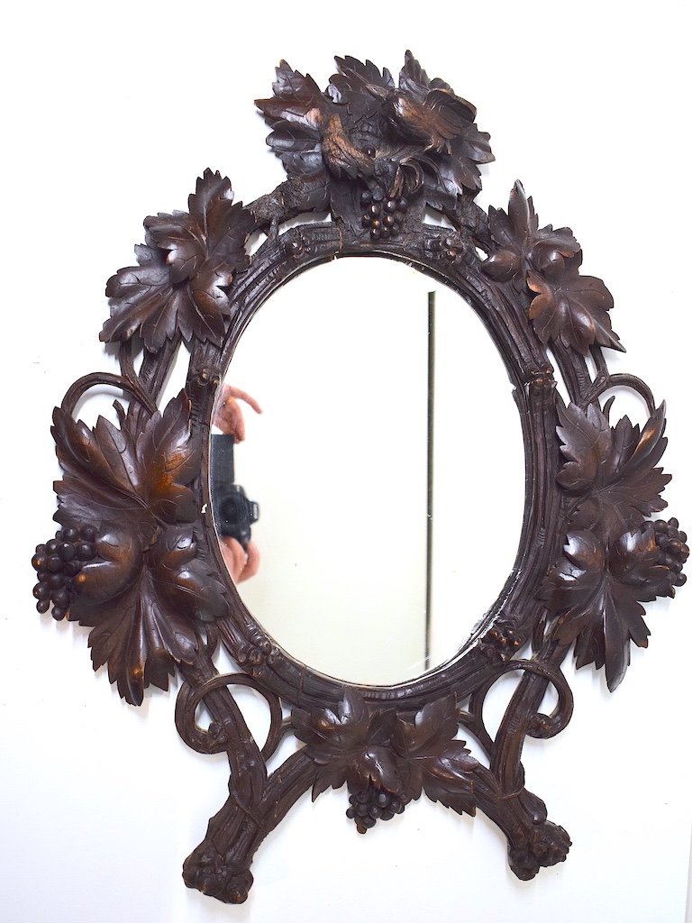 Oval Mirror Carved Wood Black Forest Decor Vine Leaves Grapes Bird XIX XX Ref338