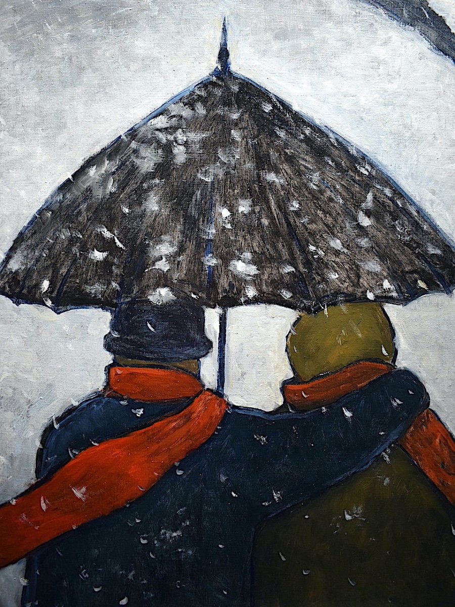 Couple sous parapluie paysage de neige sign&eacute; Tan 1978 XX RT544 -photo-3