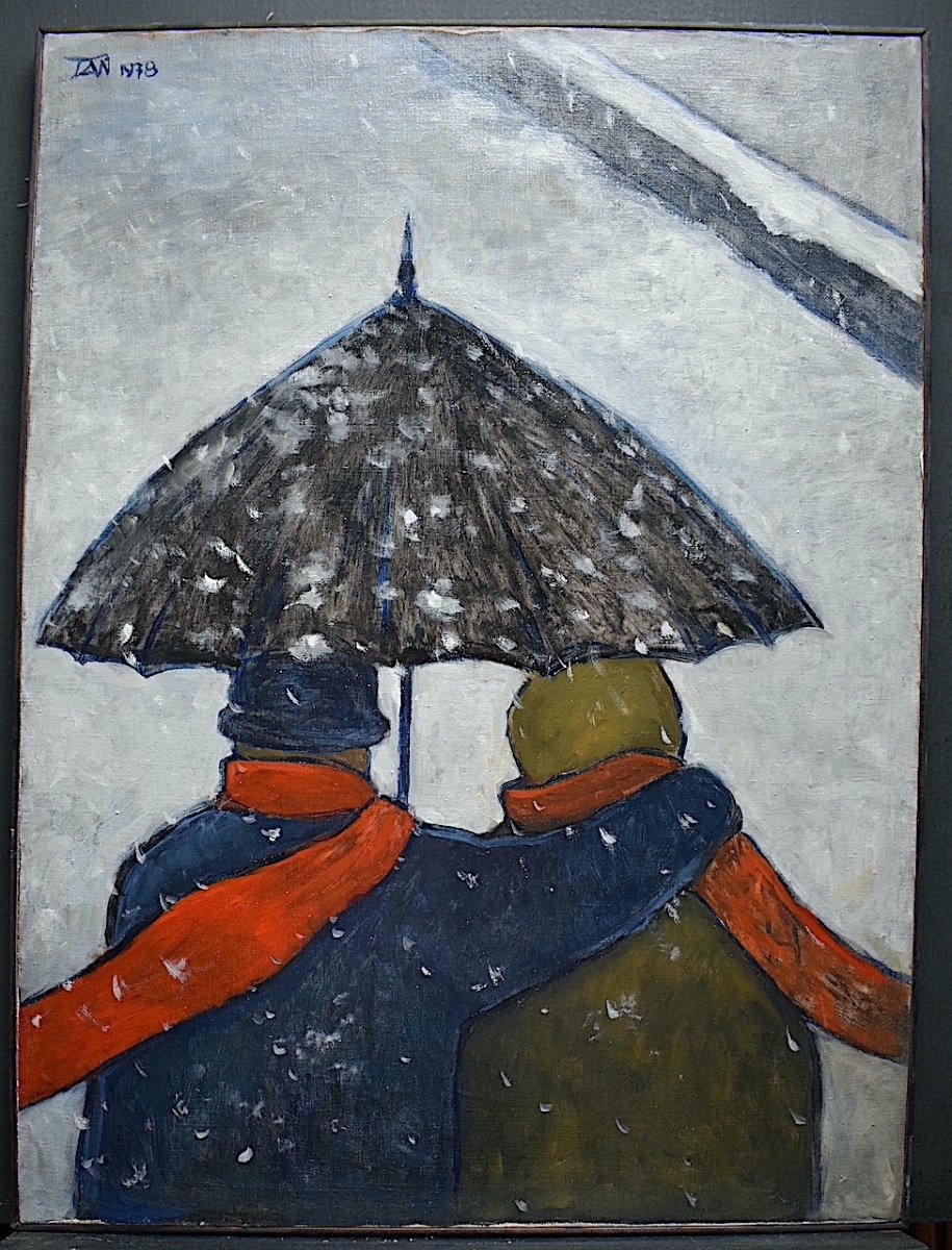 Couple Under Umbrella Snow Landscape Signed Tan 1978 XX Rt544