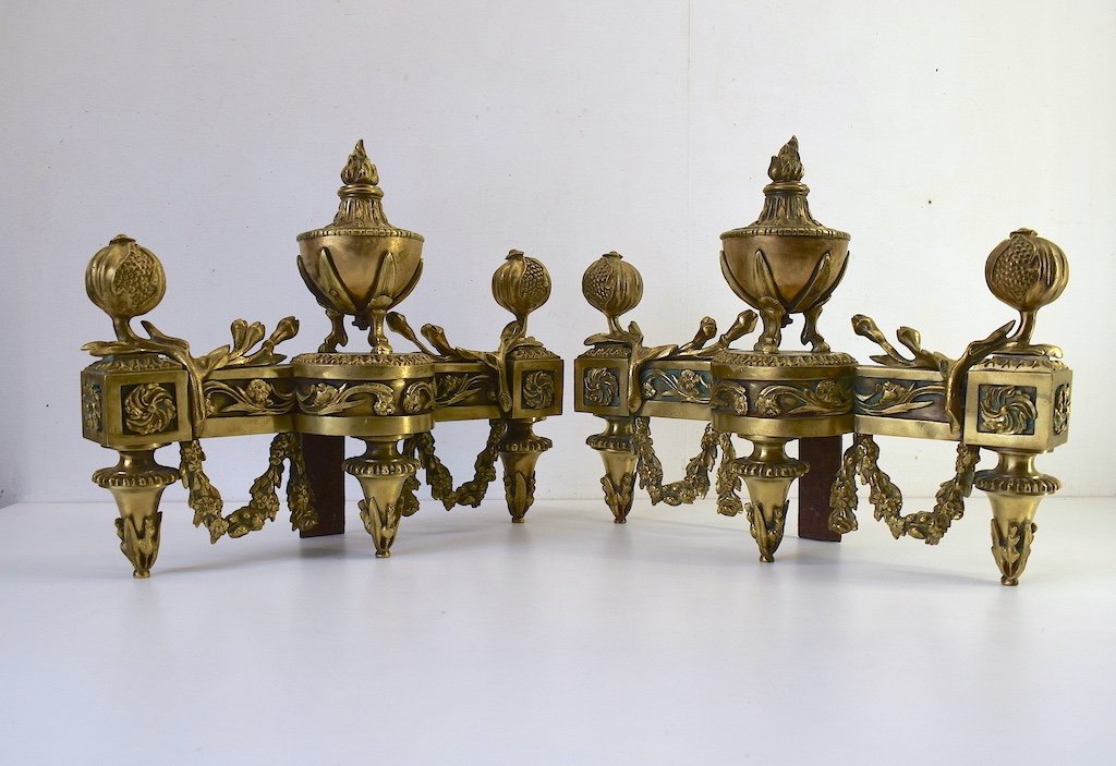Pair Of Andirons In Bronze Decorated With Fire Pot Fruits Flowers XIXth Ref359-photo-3
