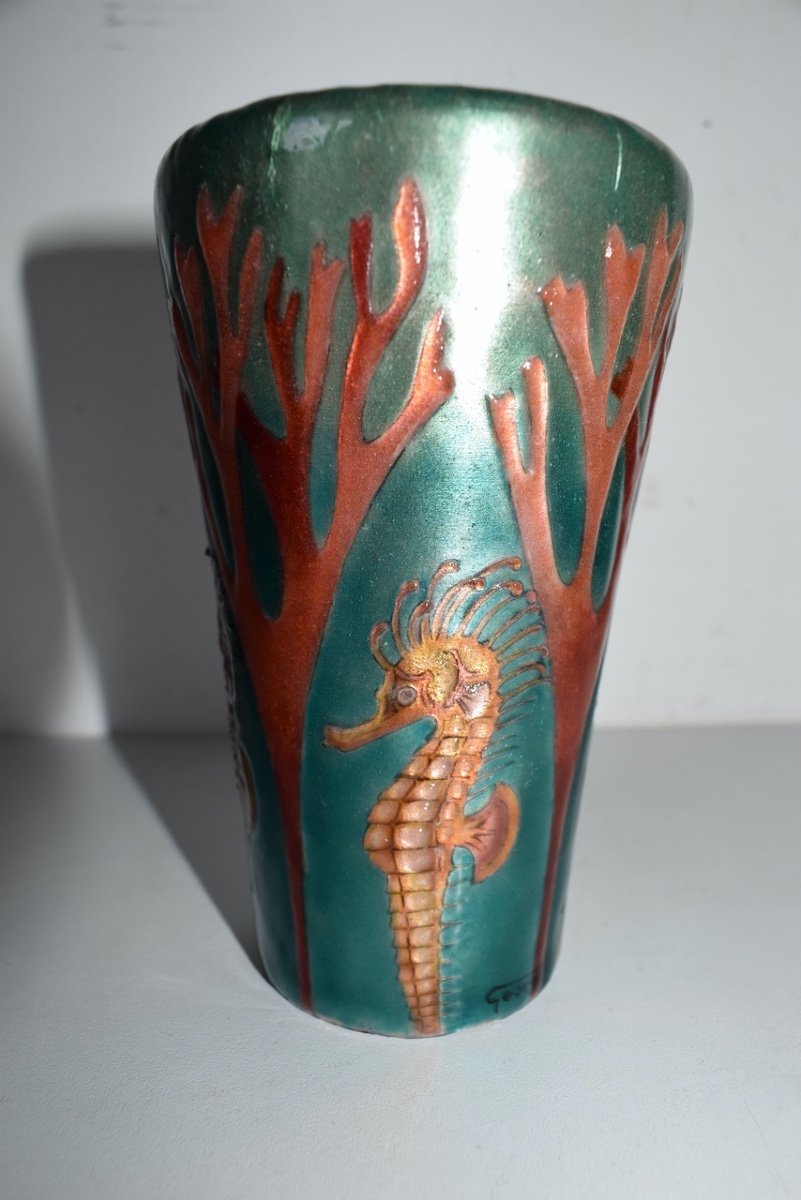 Vase Signed Georges Jean Enamelled Copper Seahorse Art Nouveau Marine Ref402-photo-2