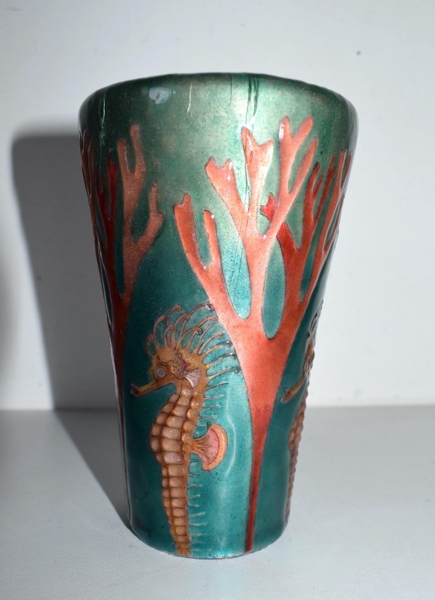 Vase Signed Georges Jean Enamelled Copper Seahorse Art Nouveau Marine Ref402-photo-3