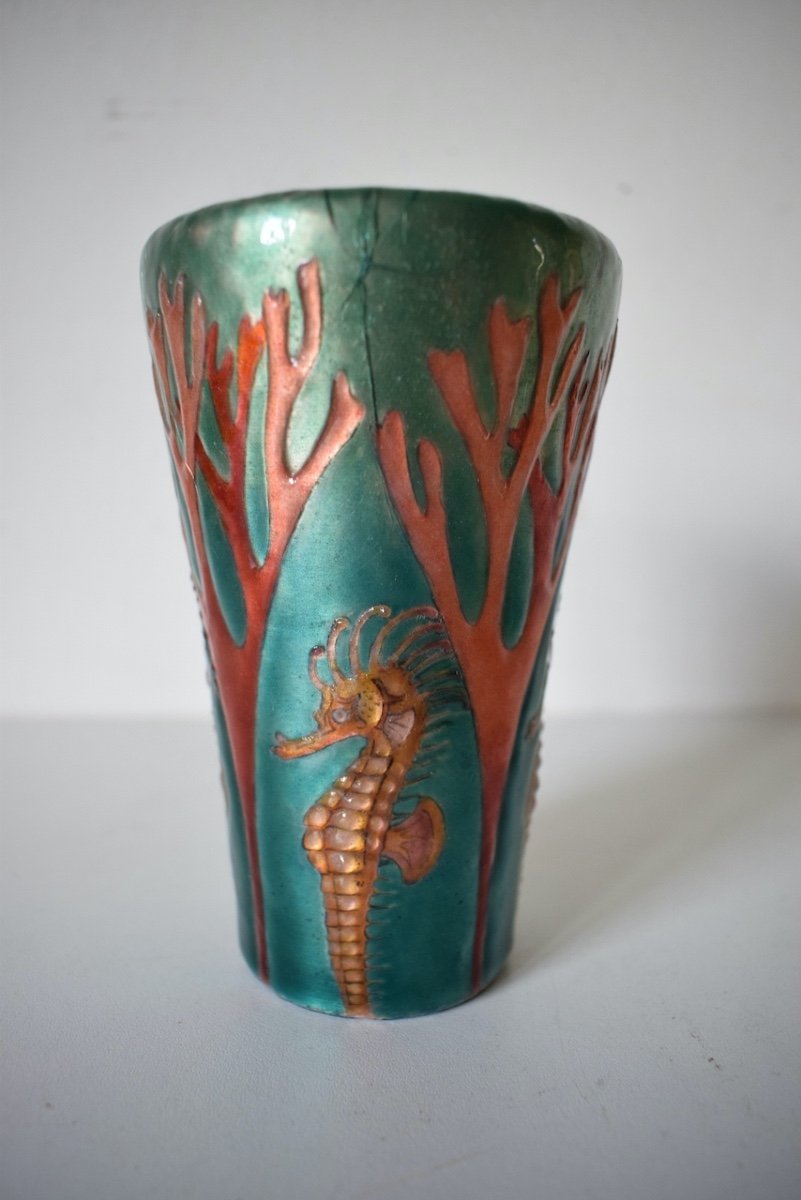 Vase Sign&eacute; GEORGES JEAN  Cuivre &eacute;maill&eacute;  Hippocampe Art Nouveau Marine Ref402-photo-7