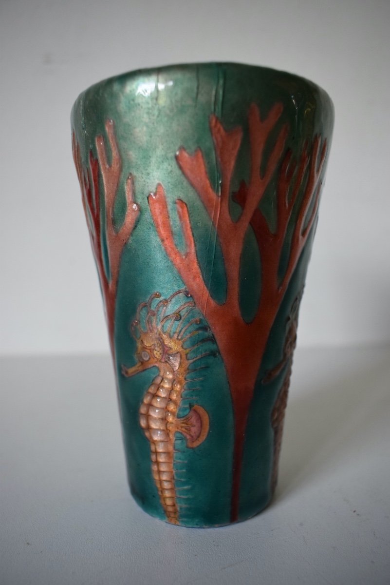 Vase Signed Georges Jean Enamelled Copper Seahorse Art Nouveau Marine Ref402-photo-8