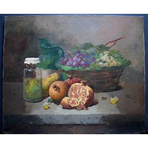 Still Life With Fruits Basket Of Grapes Pomegranates Early XX Unsigned Impressionist Rt639