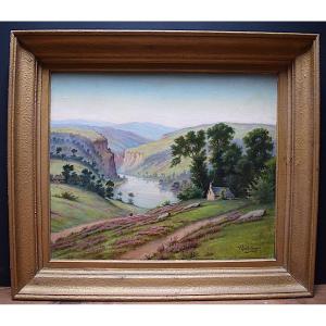 V Lochelongue Signed Landscape Countryside River Fields Of Heather Signed XX Rt656