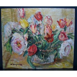 A FOUGERON Nature Morte Fleurs Tulipes pivoines Impressionniste Signé  XX RT707