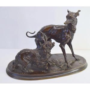 Pierre Jules Mène Group In Bronze Greyhound Dogs King Charles With A Fan XIXth Ref779