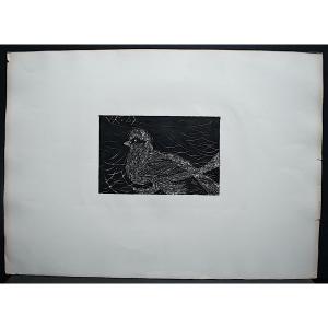 Mixed Techniques Gouache Paper Scratched Bird Monogram Jk Or Vk To Identify 1967 XX Rt785