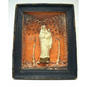 Ex Voto Reliquaire Vierge à l'Enfant Terre Cuite Peinte Art Populaire Religieux XVIII Ref540