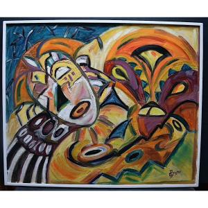 C DREYSSE Abstrait Cubiste Africaniste Masques  XX RT819